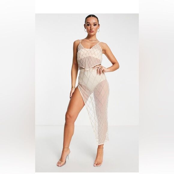 ASOS design Diamanté Side Slit Mesh Midi Skirt NWT - Picture 2 of 7